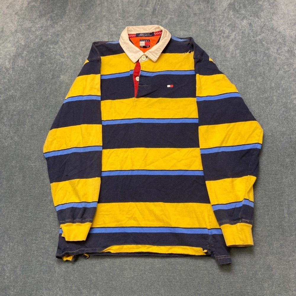 VTG Tommy Hilfiger Rugby Shirt Mens XL Multicolor Striped Long Sleeve Side Slit